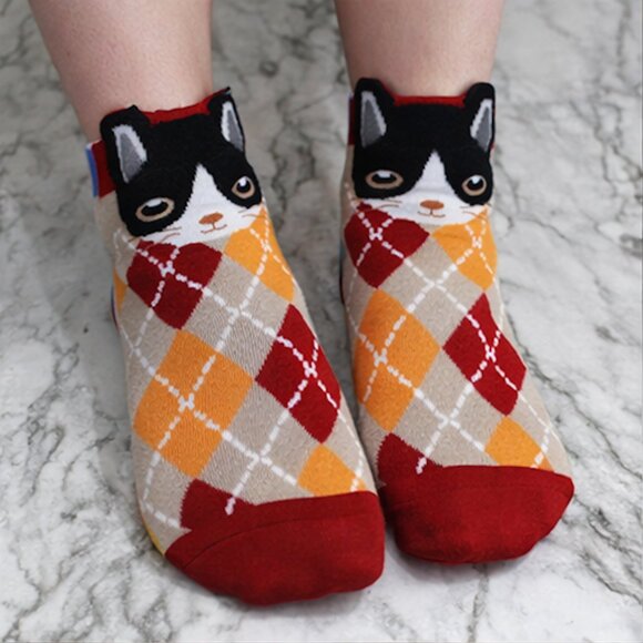 CAT LADY Socks Ankle Short Anklets Animal Print Argyle Feline Red Grey Orange - Picture 1 of 10